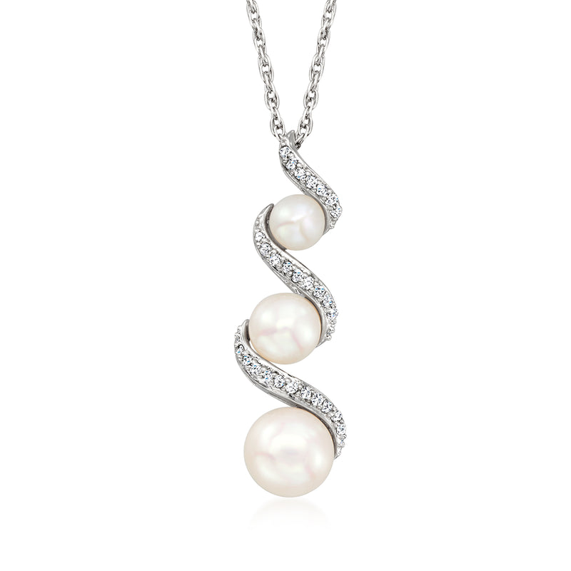 Sterling silver spiral pendant necklace with cultured pearls and diamond accents