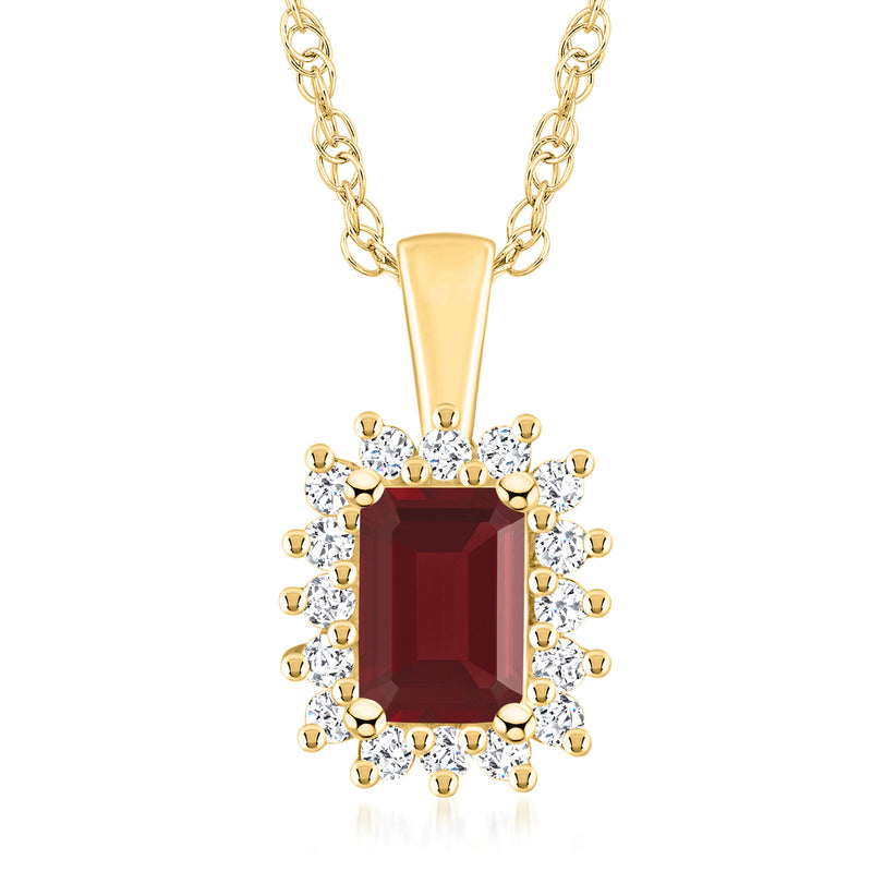 14kt yellow gold garnet pendant necklace with emerald-cut garnet and diamond halo