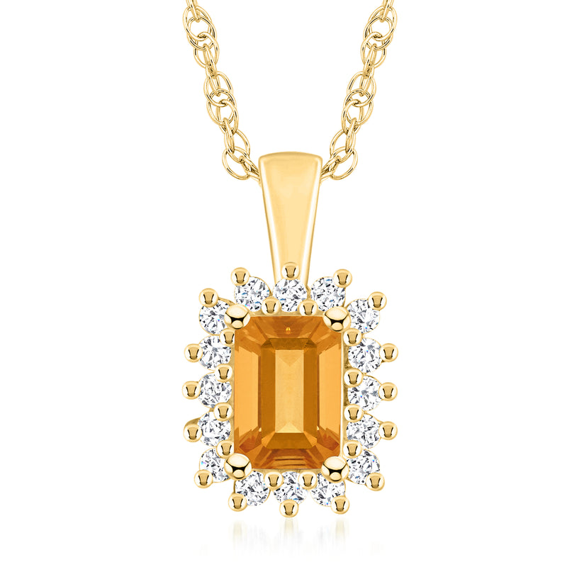 14kt yellow gold citrine pendant necklace with diamond halo and chain