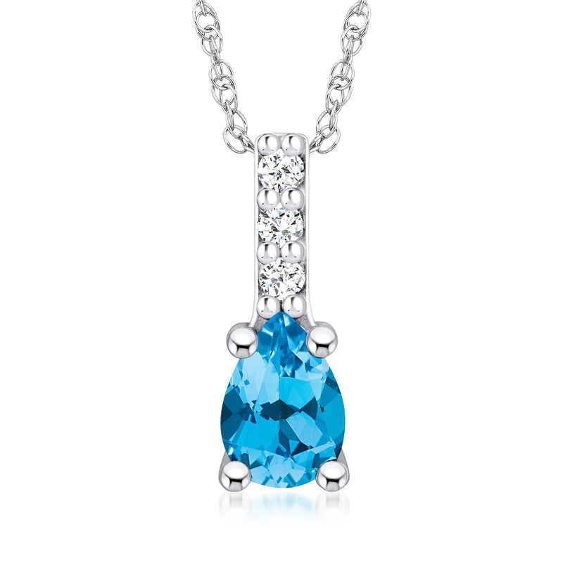 14kt white gold pendant necklace with blue teardrop topaz and diamond accents
