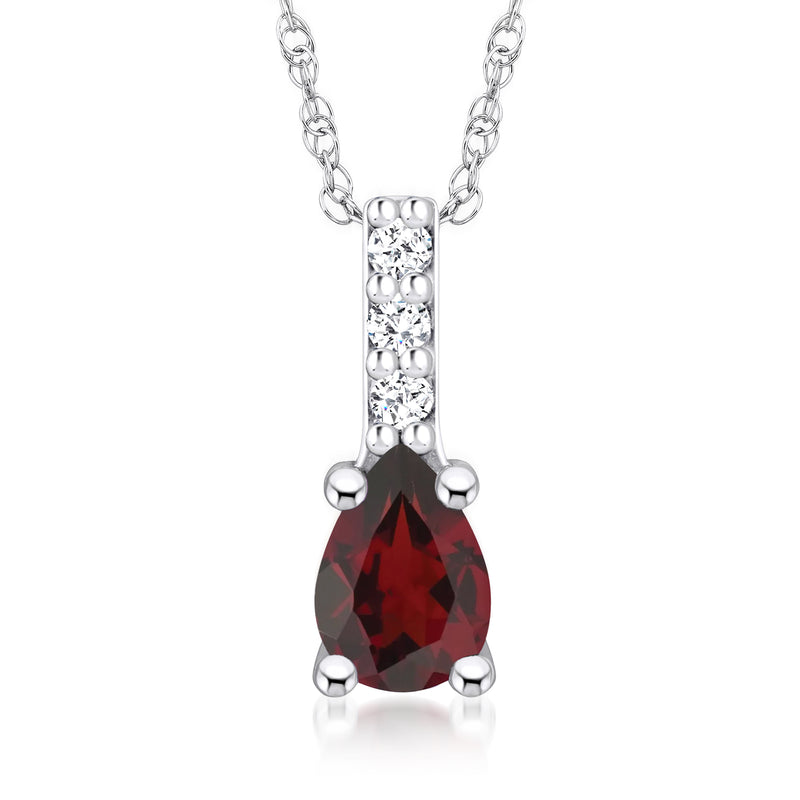 14kt white gold necklace with diamond bezel and red teardrop garnet pendant