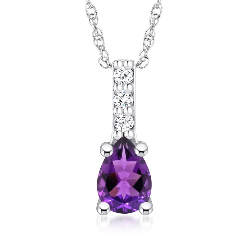 14kt white gold amethyst pendant necklace with diamond accents, purple teardrop stone