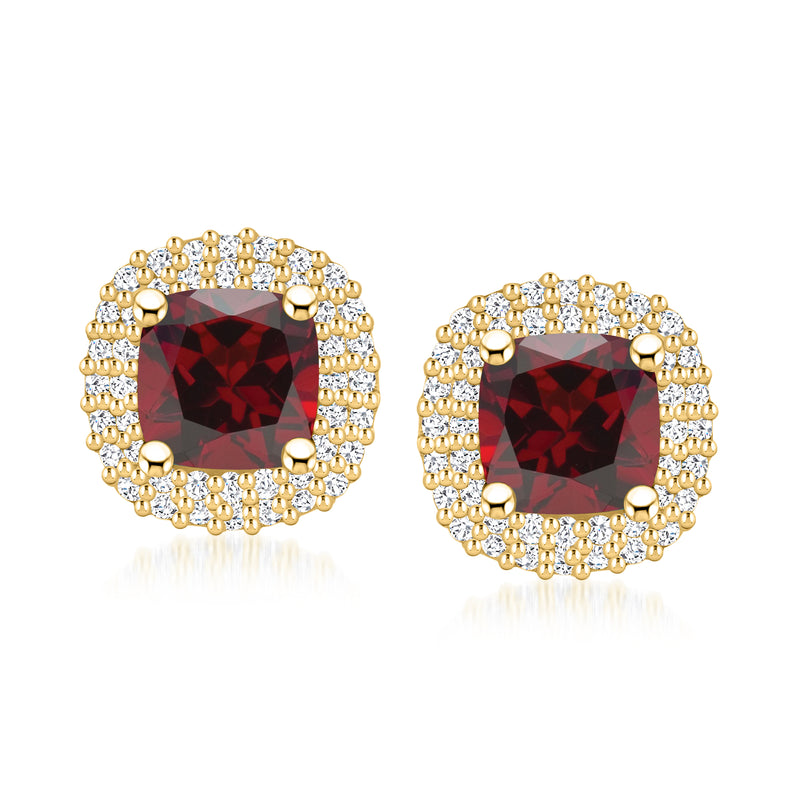 14kt yellow gold stud earrings with square red garnet and diamond halo