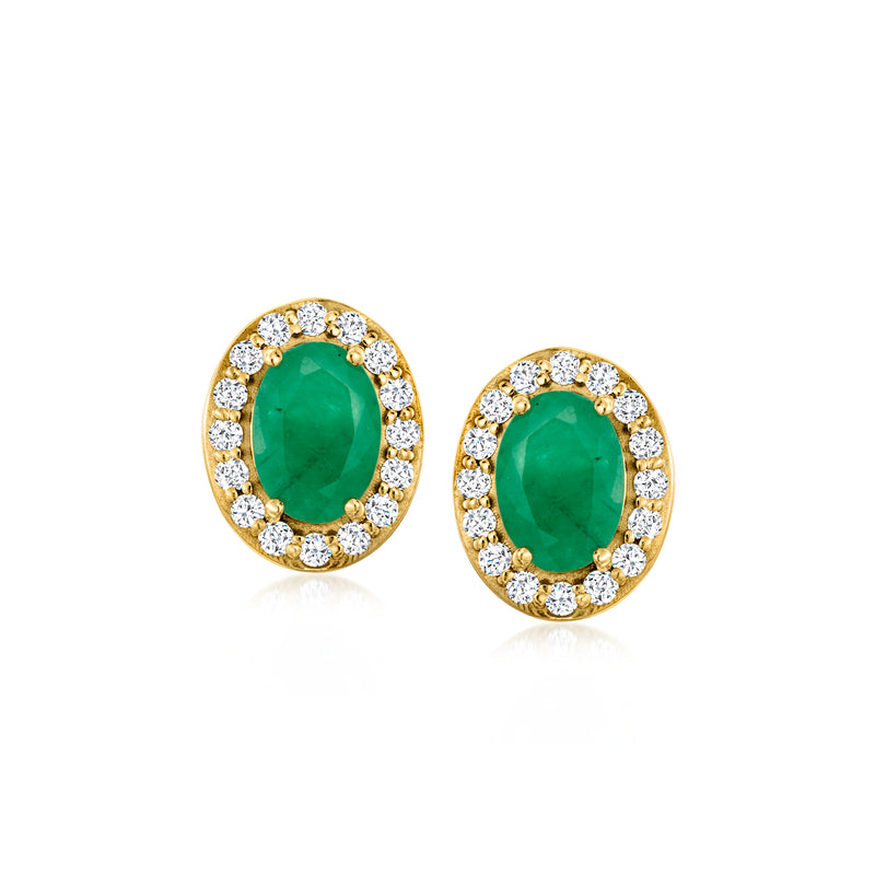 Oval emerald post earrings in 18kt yellow gold with diamond halo, green centers