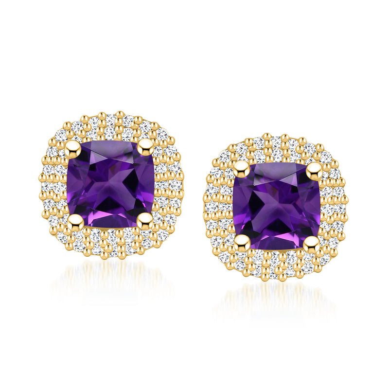 14kt yellow gold amethyst and diamond halo stud earrings, square purple stones