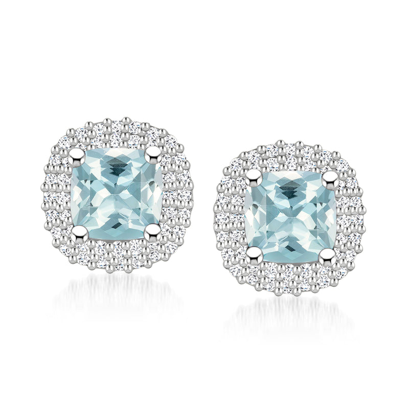 Aquamarine stud earrings with diamond halo, light blue center, 14kt white gold