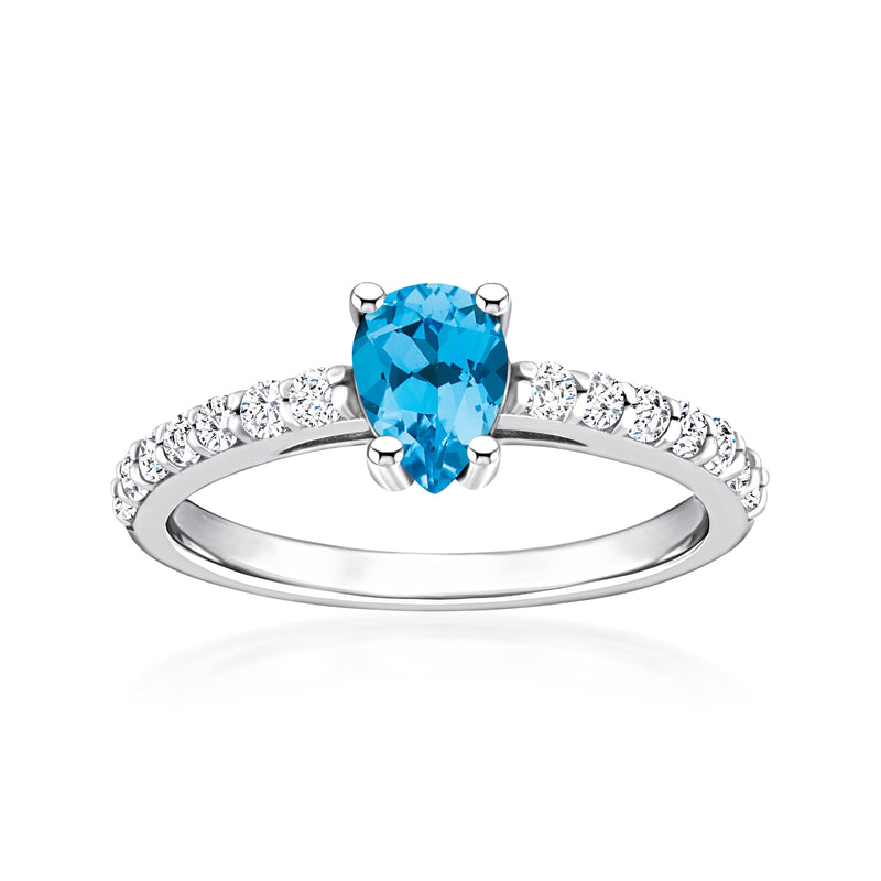 White gold ring with pear blue topaz and diamond accents