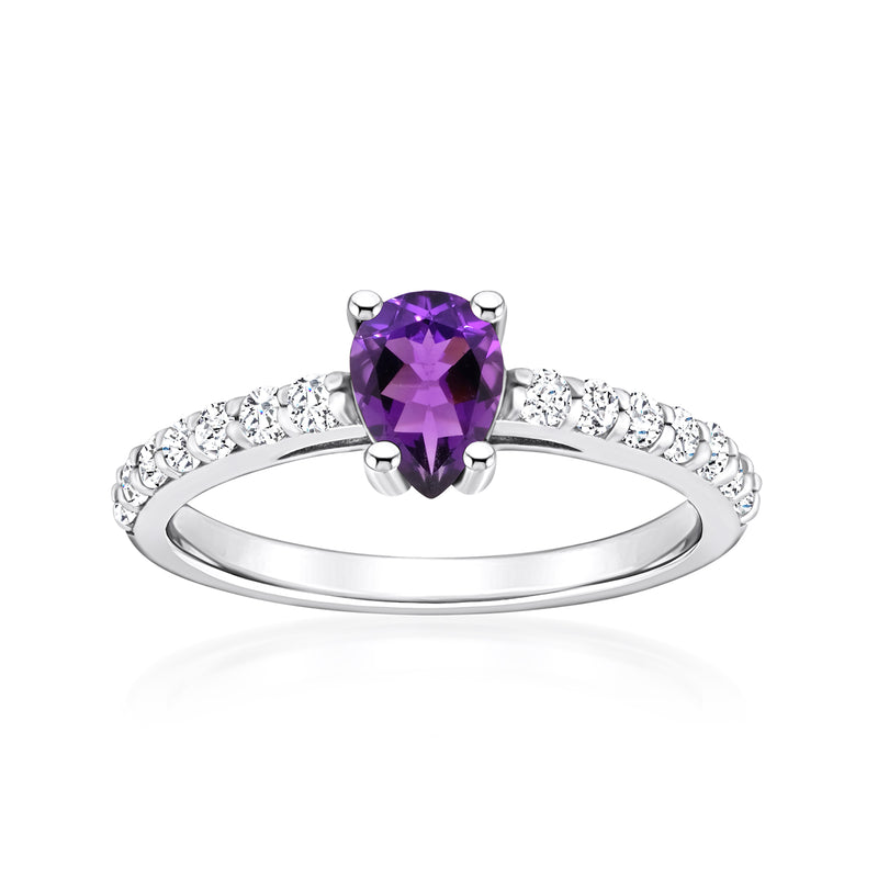 14kt white gold amethyst center ring with purple oval stone and diamond halo