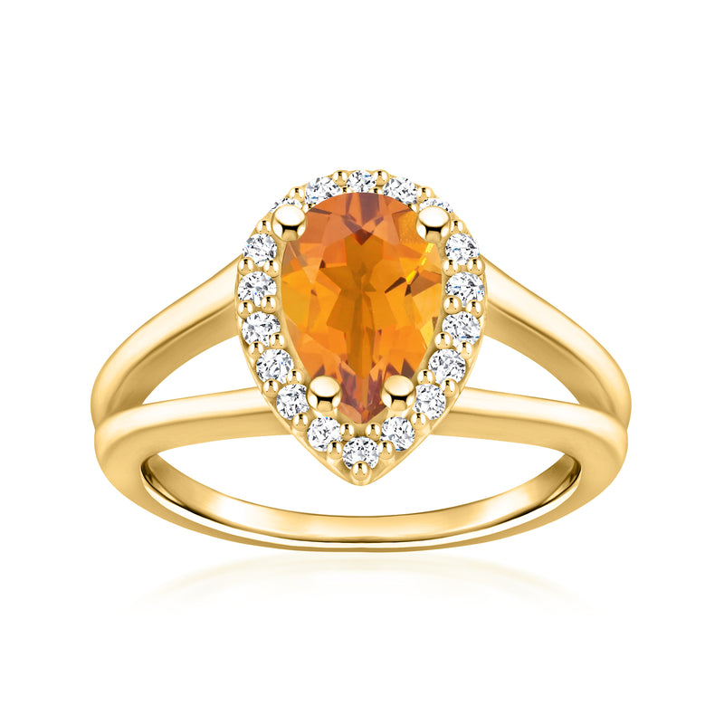 Oval orange citrine halo ring with round diamonds, 14kt yellow gold band