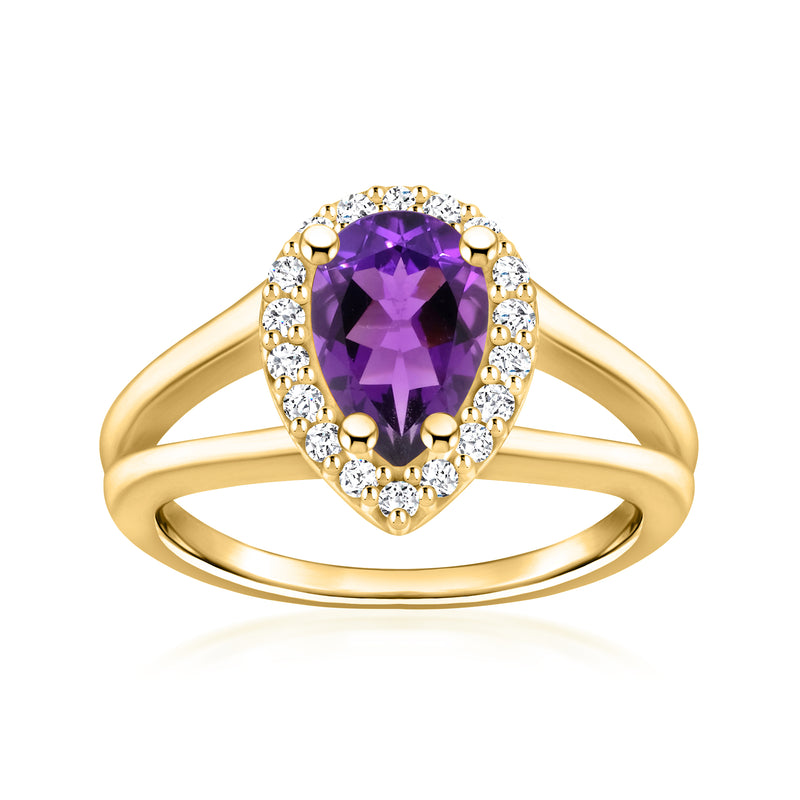 14kt yellow gold ring with oval amethyst center and round diamond halo