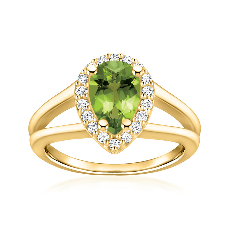 14kt yellow gold ring with oval peridot center and round diamond halo