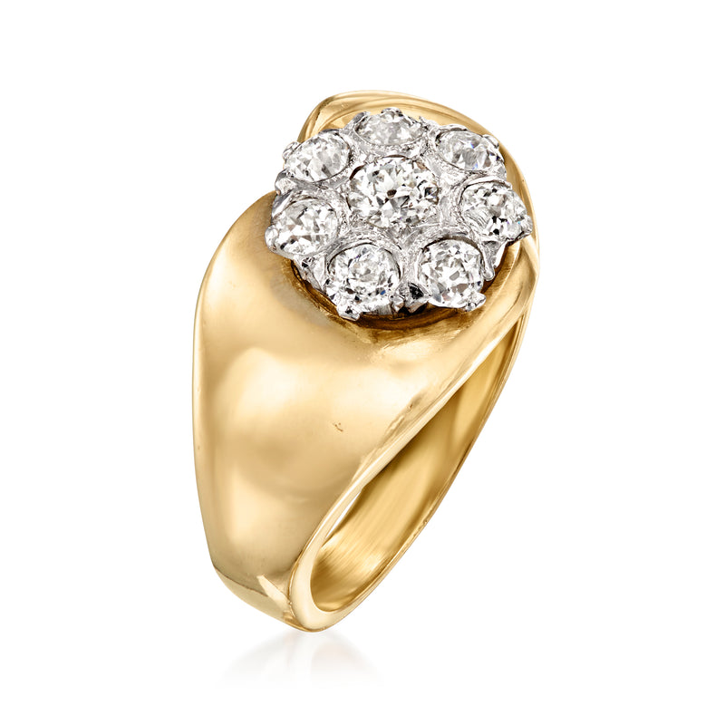 14kt yellow gold ring with raised diamond flower cluster and curved band