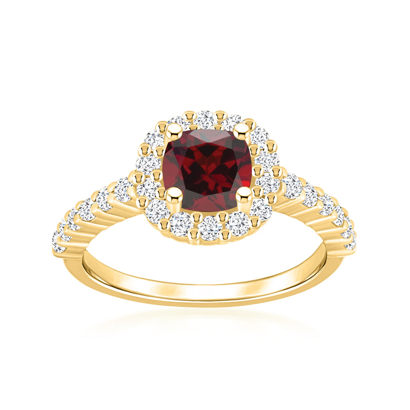 14kt yellow gold garnet and diamond ring, cushion garnet center with halo