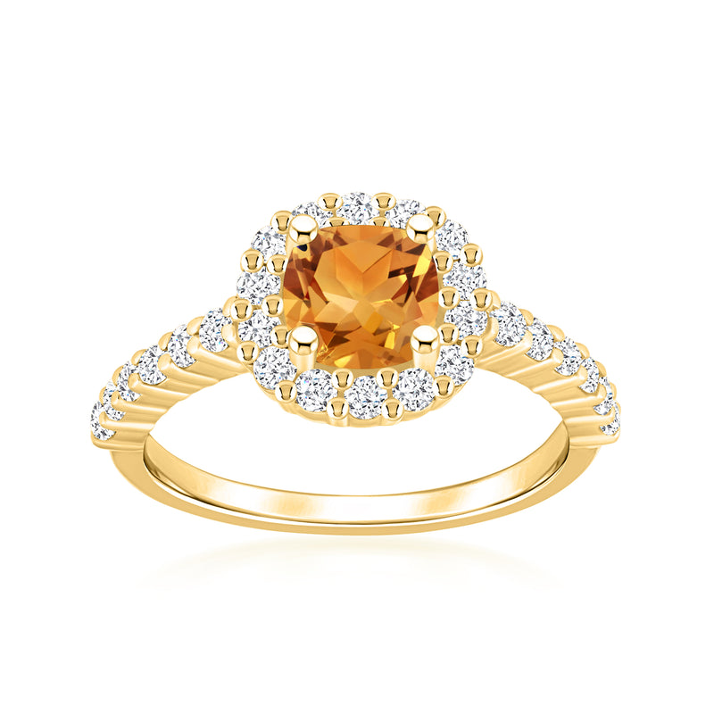 14kt yellow gold ring with cushion citrine center and halo of round diamonds