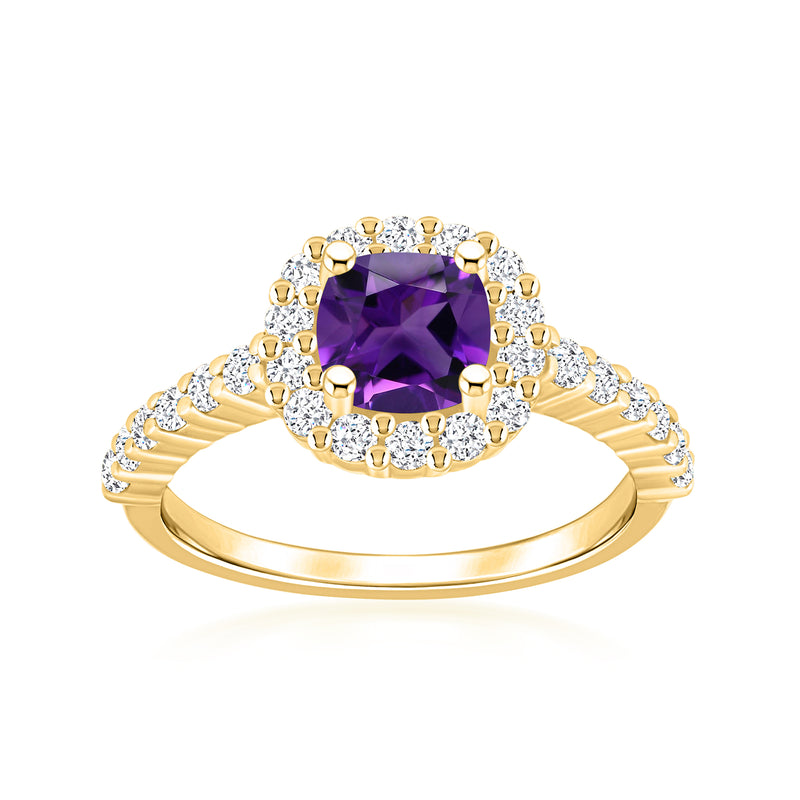 14kt yellow gold amethyst halo ring with round diamond accents and cushion-cut center