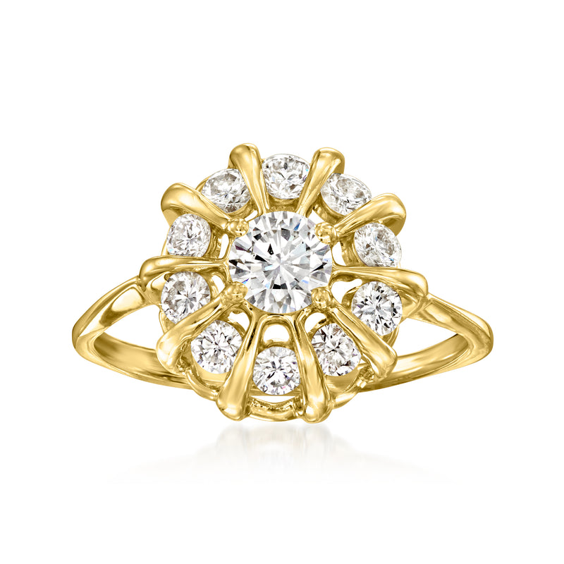 Vintage yellow gold diamond cluster ring with round center stone and halo