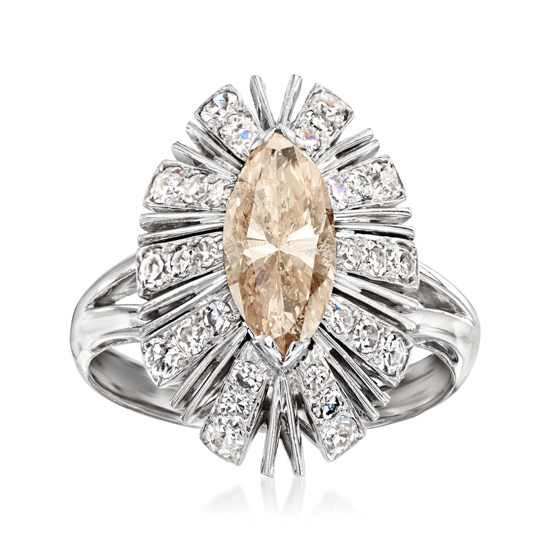 14kt white gold ring with oval brown center diamond, halo of white diamonds, vintage style
