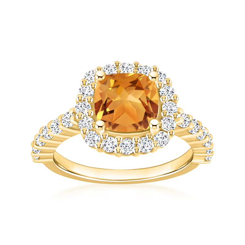 14kt yellow gold citrine center with diamond halo and side accents ring