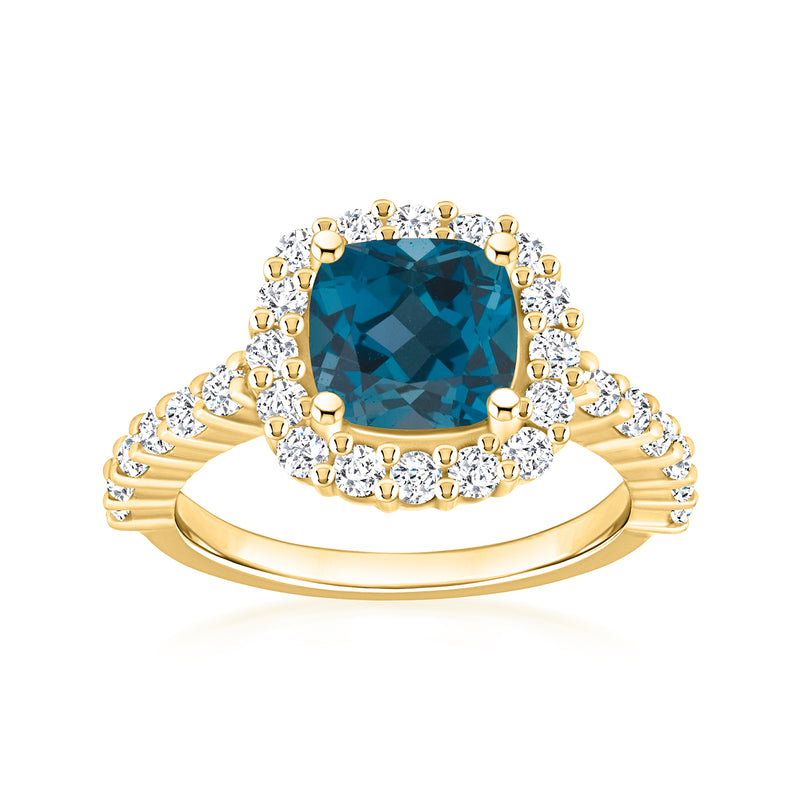 14kt yellow gold ring with cushion London blue topaz center and diamond halo
