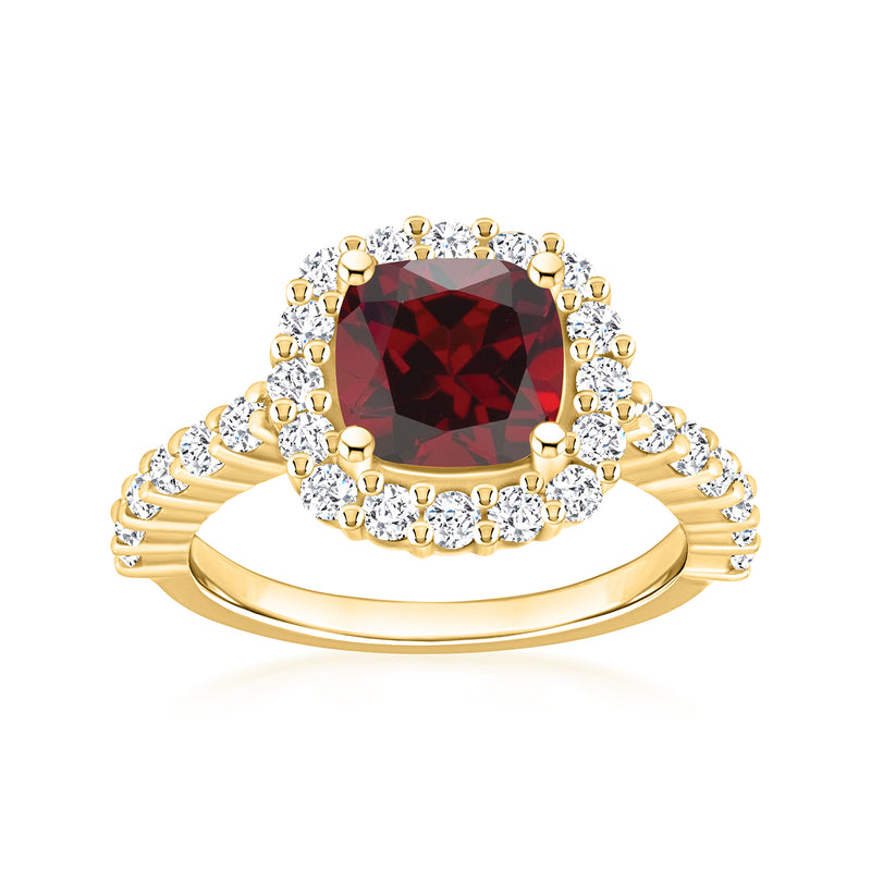 14kt yellow gold cushion garnet ring with diamond halo and side diamonds