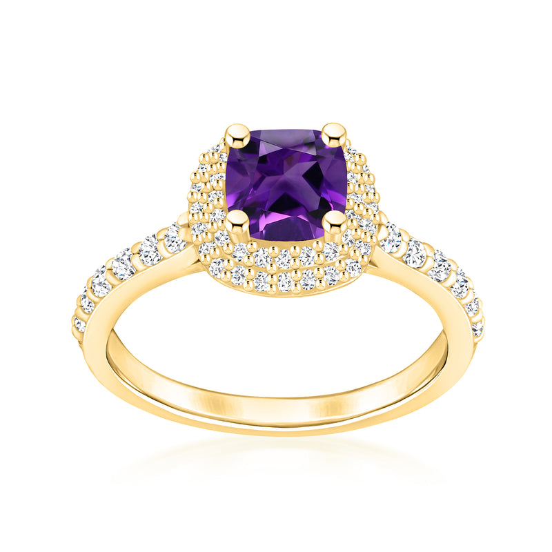 Yellow gold amethyst ring with diamond halo and diamond-accented band