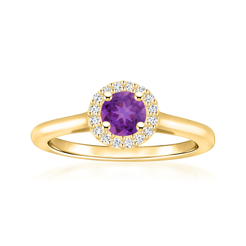 14kt yellow gold amethyst halo ring with round diamond accents