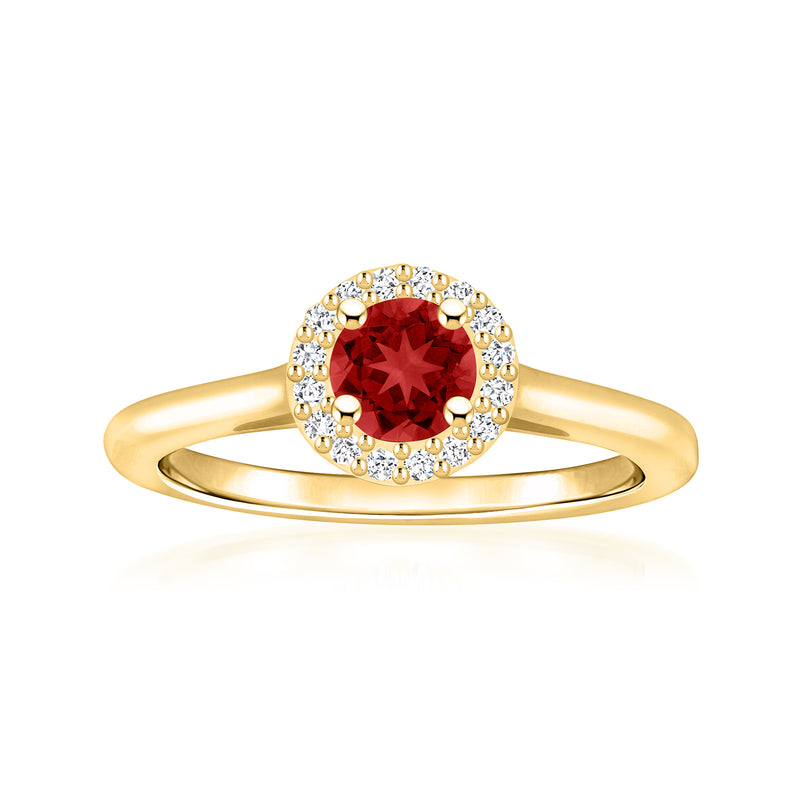 14kt yellow gold ring with round garnet and diamond halo, polished band