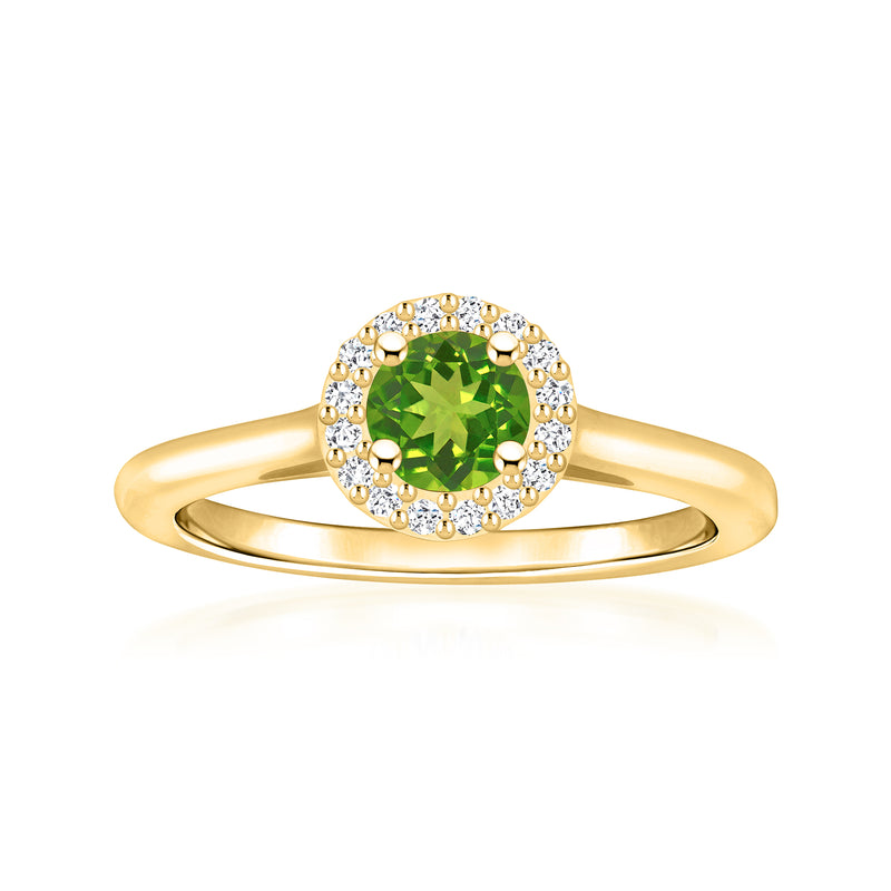 14kt yellow gold ring with round green peridot and diamond halo