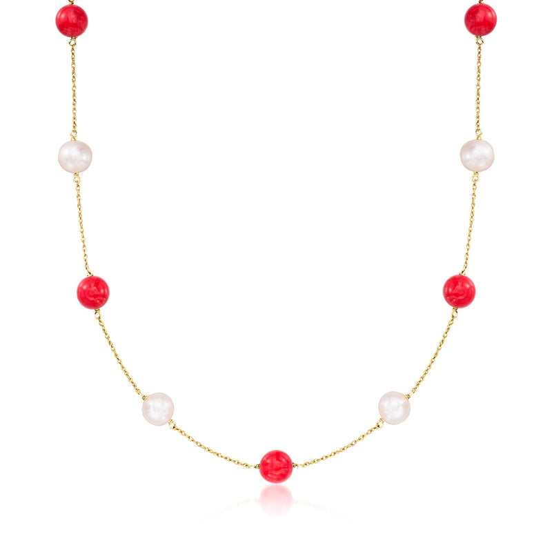 14kt yellow gold necklace with red coral beads and white cultured pearl stations