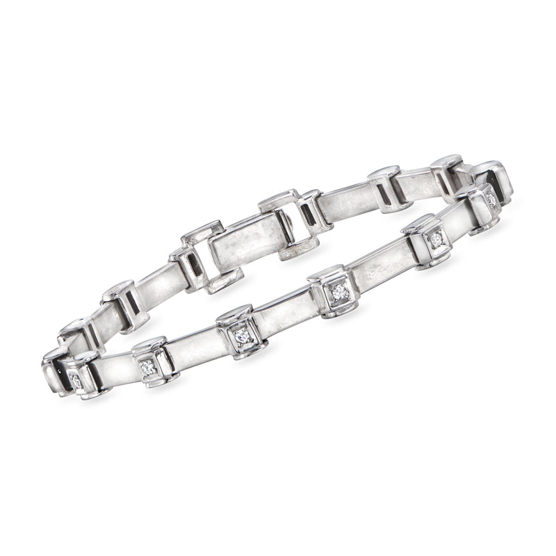 14kt white gold diamond station bracelet with rectangular bezel-set links, hinged clasp
