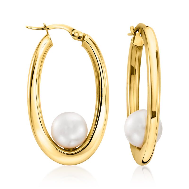 14kt yellow gold hoop earrings with round white cultured pearl drop