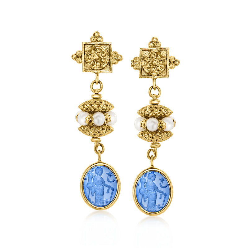Gold drop earrings with blue oval glass cameo, white pearls, and ornate filigree caps
