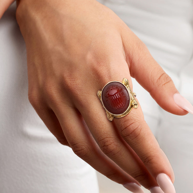Italian Tagliamonte Red Agate Scarab Ring in 18kt Gold Over Sterling
