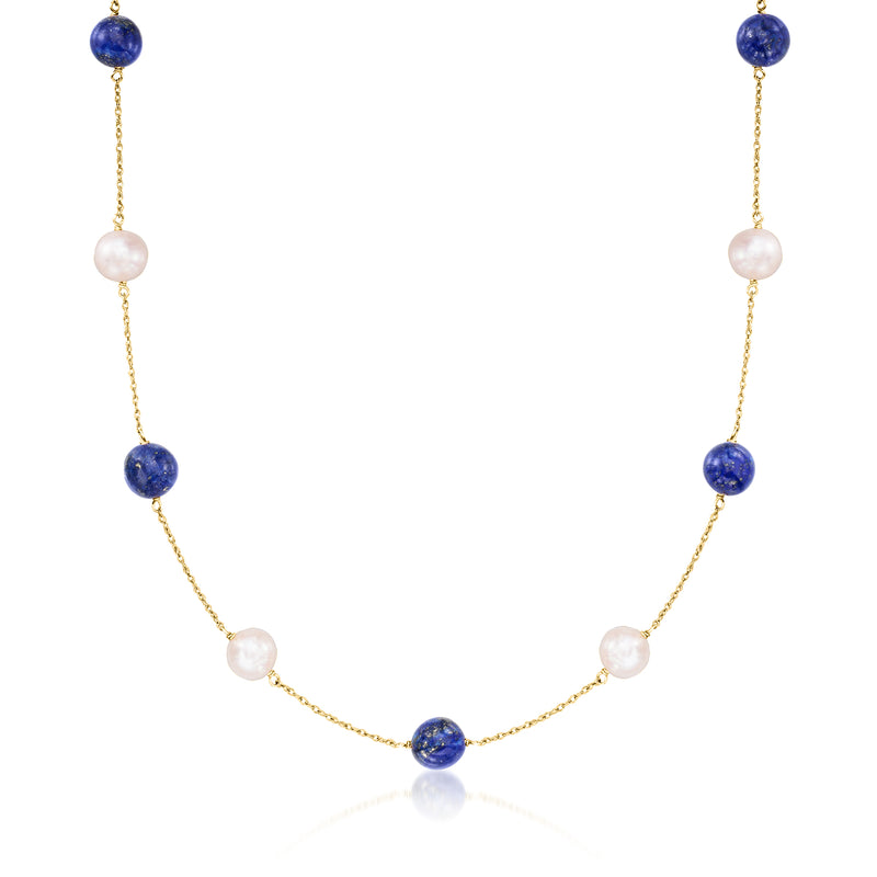 14kt yellow gold station necklace with dark blue lapis beads and white cultured pearls