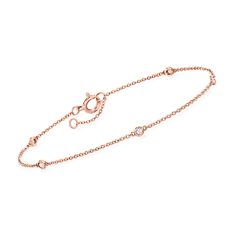 14kt rose gold diamond station bracelet with three small round stations
