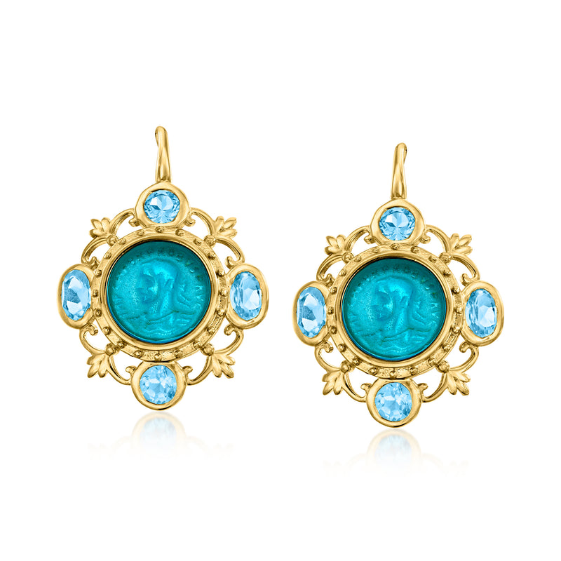 Gold-tone round drop earrings with turquoise center and blue gemstone accents