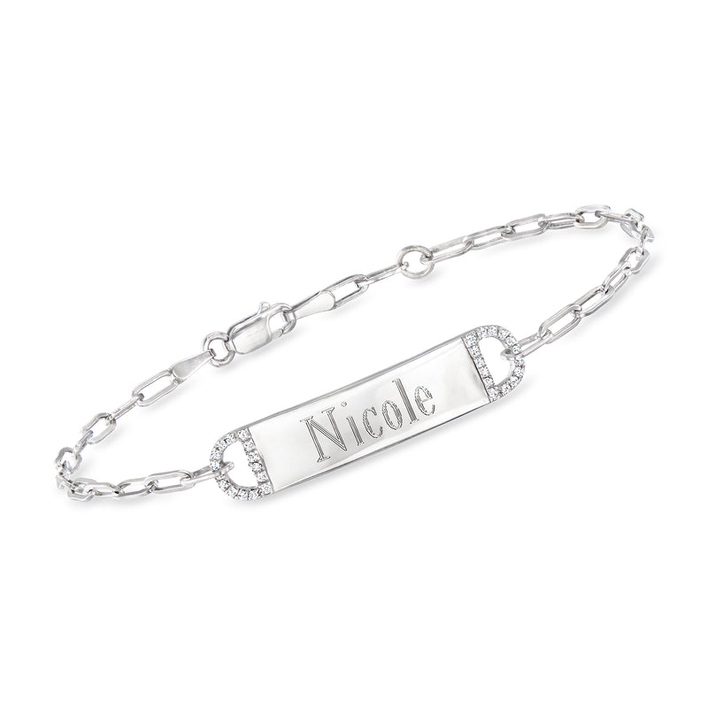 Sterling silver personalized link bar bracelet with diamond accents and name plate 'Nicole'.