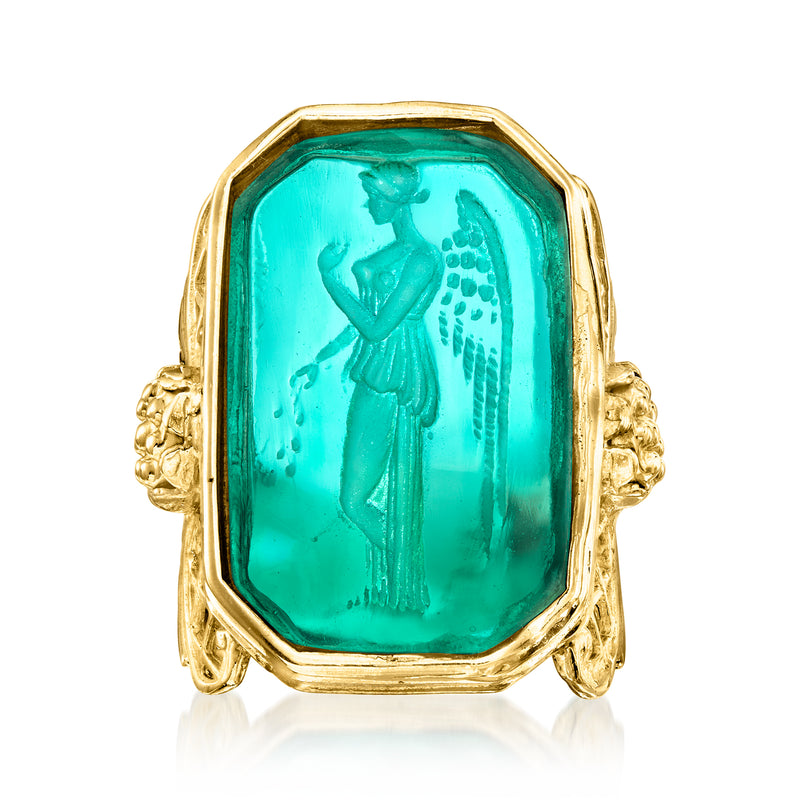 Gold angel cameo ring with turquoise octagon Venetian glass center and halo border
