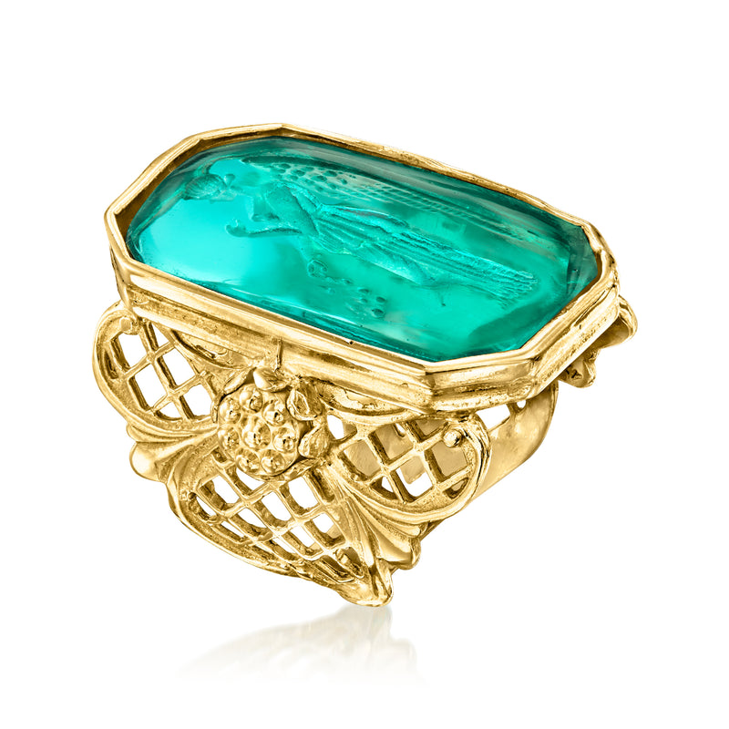 Gold angel ring with octagon turquoise glass cabochon and ornate openwork band