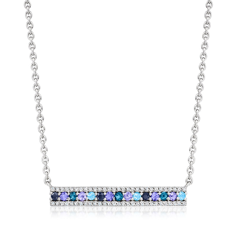 Sterling silver bar necklace with blue multi-gemstone rows