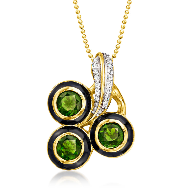 18kt gold over sterling pendant necklace with round green stones and black enamel accents