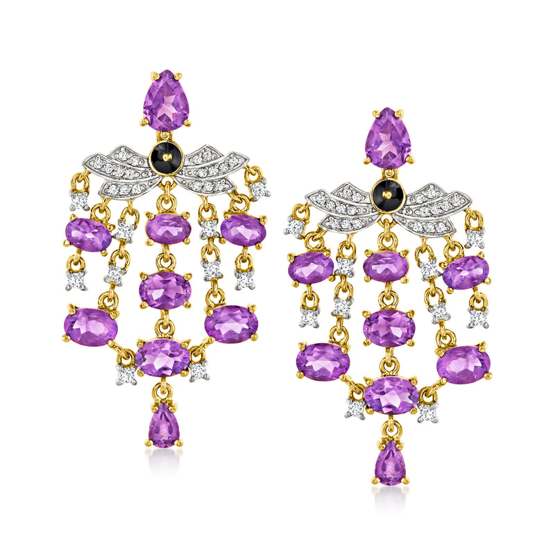 Chandelier drop earrings with gold-tone chain, purple oval stones, white zircon accents
