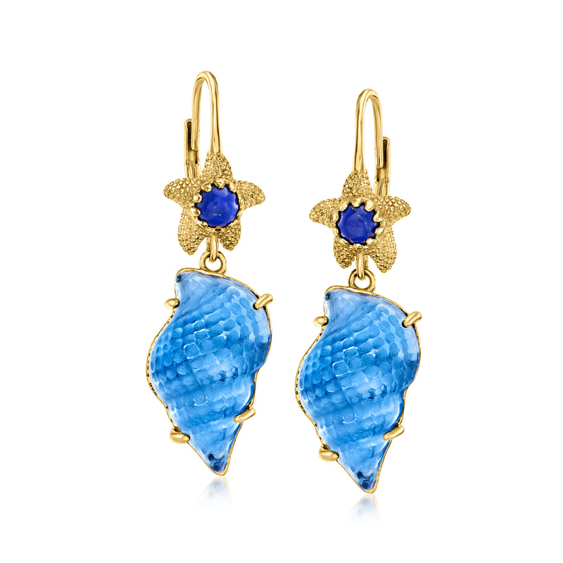 Gold drop earrings with blue star top and sea shell glass dangles, leverback