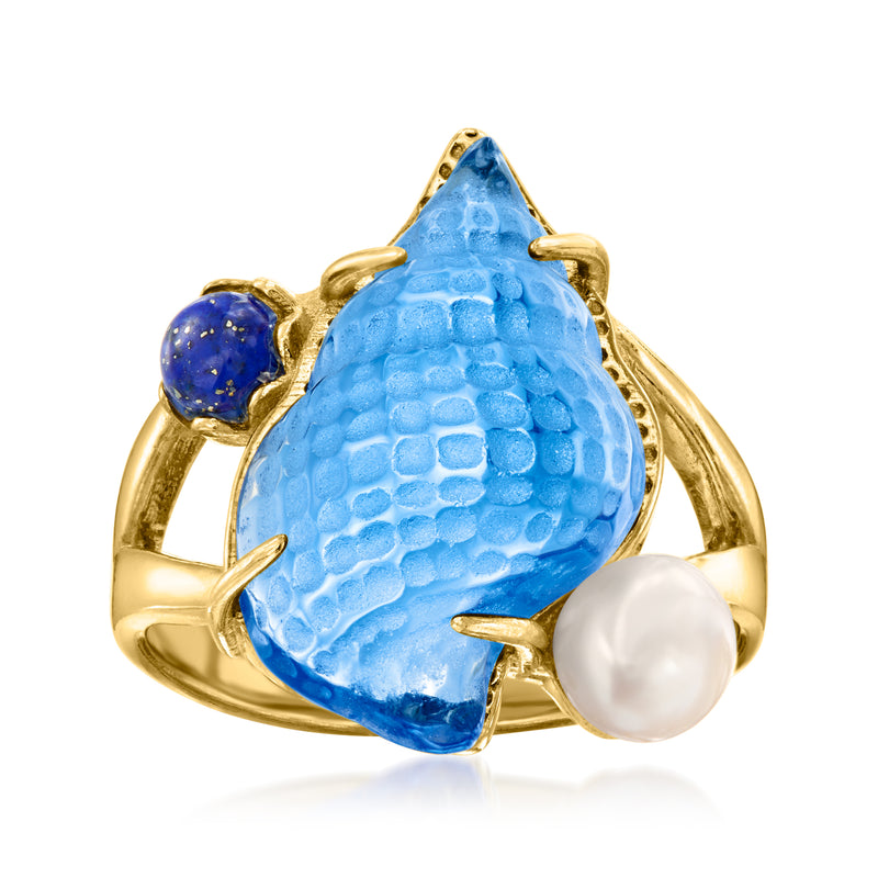 Gold-tone ring with blue seashell glass center, lapis accents, and white cultured pearl