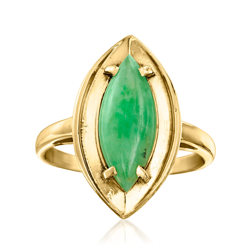 Vintage marquise jade ring in 14kt yellow gold, green marquise gemstone center