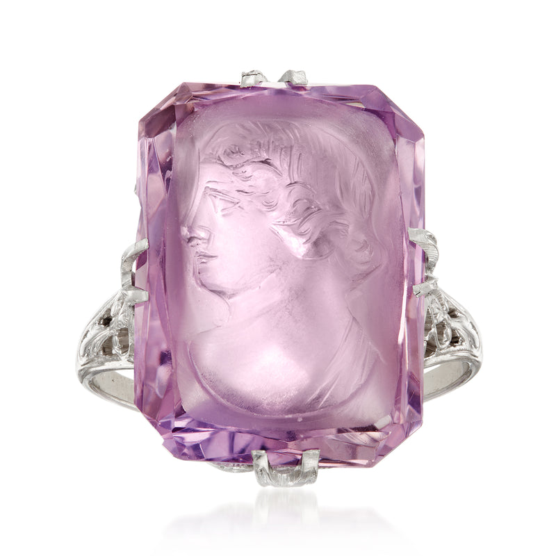 Vintage amethyst intaglio ring with rectangular purple gemstone and white gold prongs