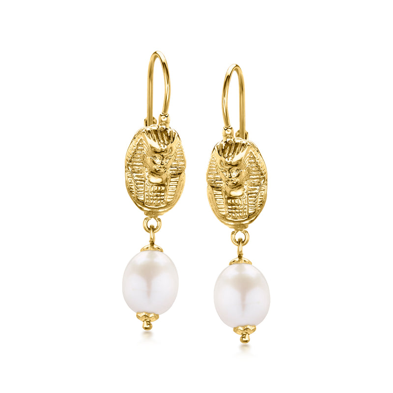 Gold over sterling leverback drop earrings with textured oval caps and white cultured pearls