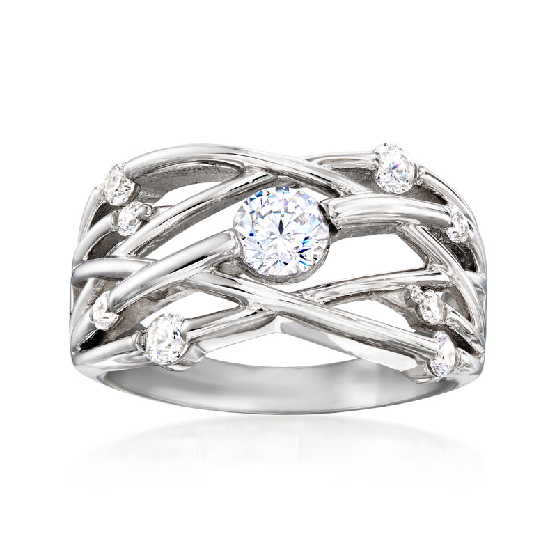 Sterling silver CZ highway ring with central round clear stone and side bezels