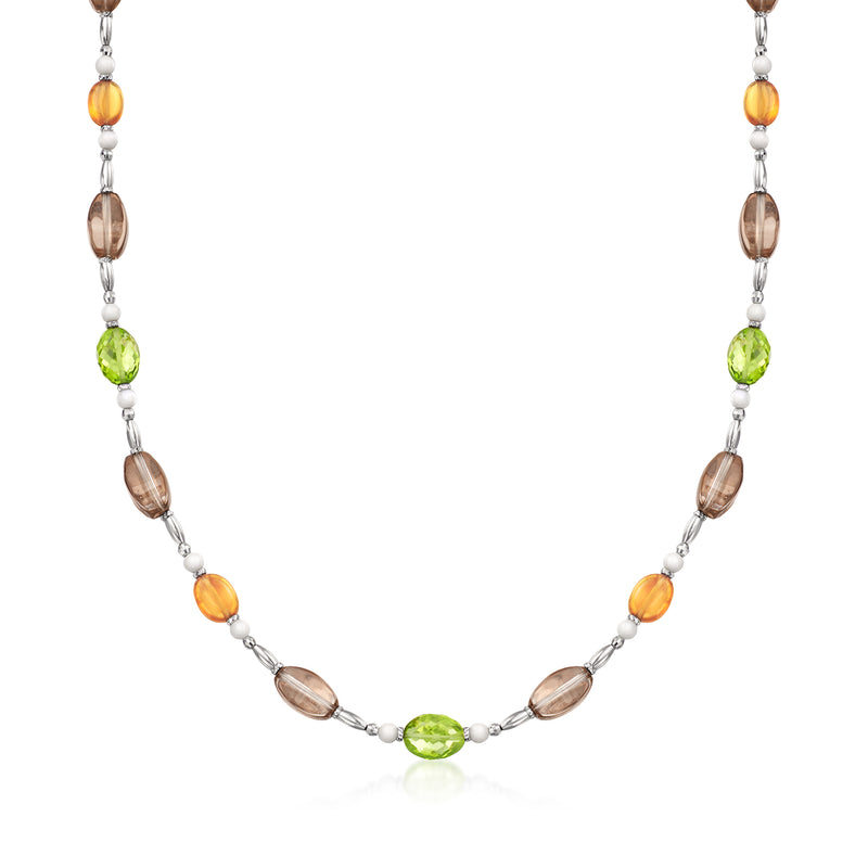 Multi-gemstone bead necklace with oval smoky, green and orange stones on white gold chain
