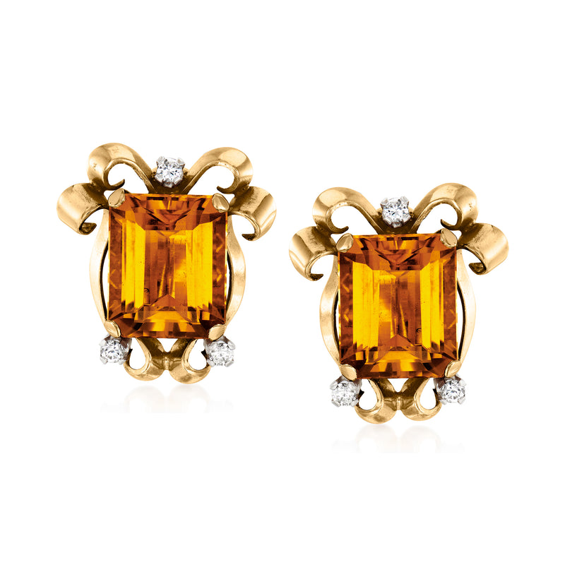 Gold clip-on earrings with cushion citrine and small diamond accents